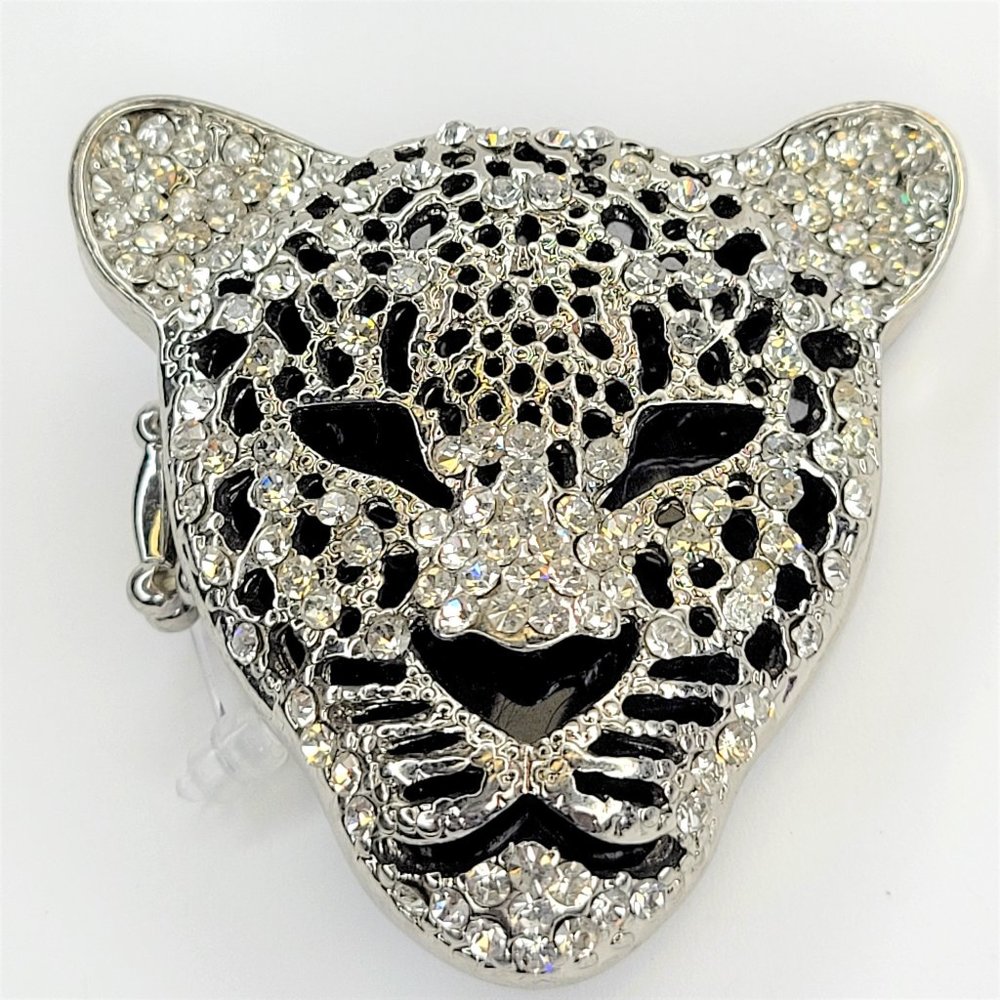 Vintage Silver Leopard Head Statement Ring Crystal Rhinestone Stretch Ring